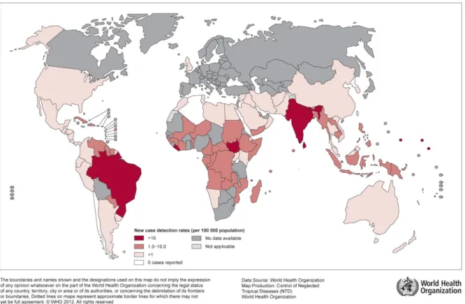 Figura 2. Detecção de casos novos de hanseníase no mundo em 2011, por 100.000 habitantes