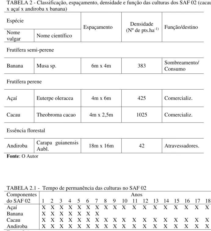 TABELA 2 - Classificação, espaçamento, densidade e função das culturas dos SAF 02 (cacau  x açaí x andiroba x banana) 