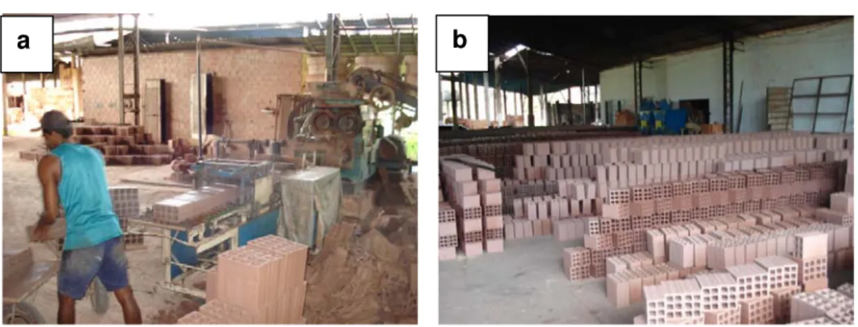 Figura 4.9: Processo de transporte e secagem dos tijolos cerâmicos; a)  transporte dos tijolos; b) setor de secagem 