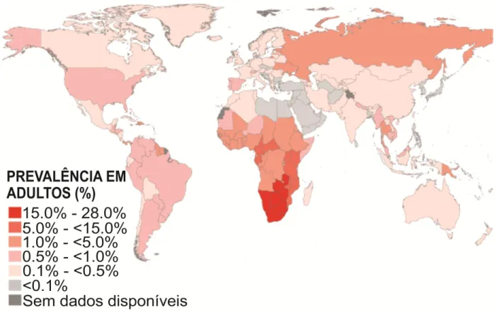 Figura 01: Prevalência estimada de adultos infectados pelo HIV até 2007. 