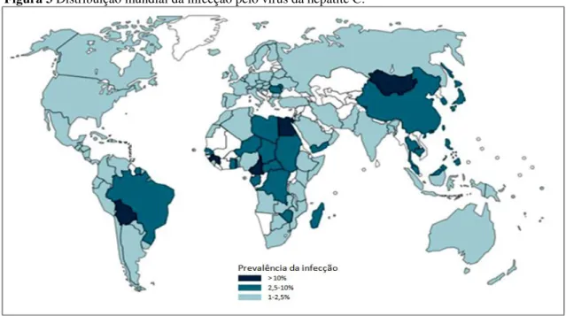 Figura 3 Distribuição mundial da infecção pelo vírus da hepatite C. 