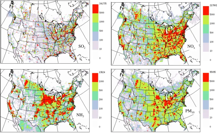 Fig. 1. Maps of emission sources of SO 2 , NO x (in the equivalent mass of NO 2 ), NH 3 and PM 10 based on 2000 Canadian and 2001 US emission inventory (the unit is tonnes/grid/year with the grid size of ∼42 km by 42 km).