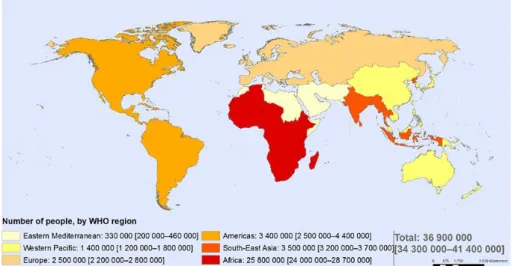 FIGURA 3 – Estimativa de adultos e crianças vivendo com HIV, 2014 .  Fonte: WHO, 2015