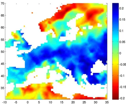 Fig. 2. Correlation between the cold season (DJF) Nino3 index (Mann et al., 2000) and the sea- sea-sonal (DJF) precipitation reconstruction over Europe (Pauling et al., 2006; Mitchell and Jones, 2005)