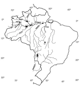 Figure 1 - Map of Brazil showing the localization of the 14 Oryza glumaepatula populations,   described in Table 1