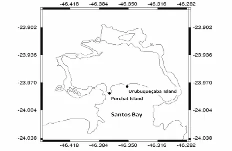 Fig. 1. Map showing the cities of São Vicente and Santos, marks show Porchat and Urubuqueçaba Islands