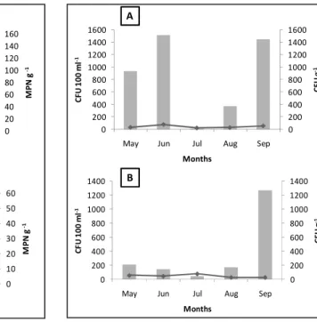 Fig. 2. Thermotolerant coliform densities obtained during the  study.  a)  Samples  from  Urubuqueçaba  Island