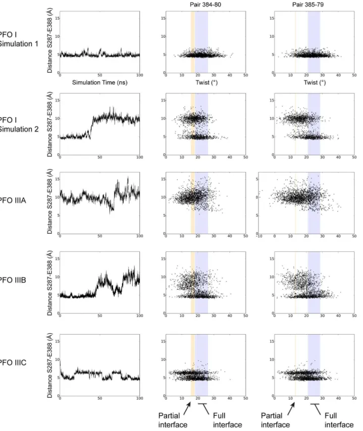 Figure 5. Plasticity and deformation of Domain 2 from PFO MD simulations. Analysis of the different MD simulations for PFO I, PFO IIIA, PFO IIIB, PFO IIIC (indicated at the left of each panel)