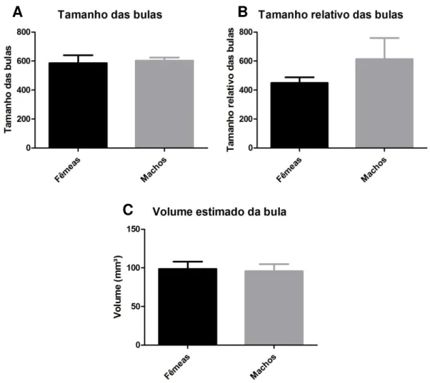 Figura  8.  Comparação  entre  o  tamanho  da  bula  timpânica  (A),  o  tamanho  relativo  (B)  e  o  volume estimado da bula timpânica (C) de machos e fêmeas
