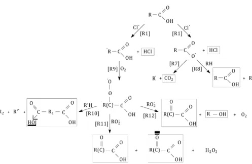 Fig. 8. Reaction mechanism for the chlorine radical initiated oxidation of palmitic acid in the presence of O 2 