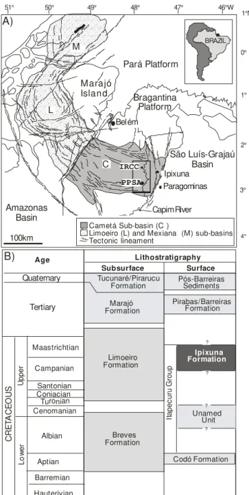 Figura 1.1: A) Mapa de localização da área de estudo, Sub-Bacia de Cametá, Sistema de Graben  do Marajó, com indicação das minas de caulim estudadas, PPSA e RCC