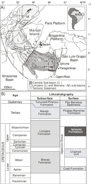 Figure 2.1: A) Location map of the study area in the Rio Capim area, Cametá Sub-Basin, with the  studied kaolin quarries PPSA and RCC indicated
