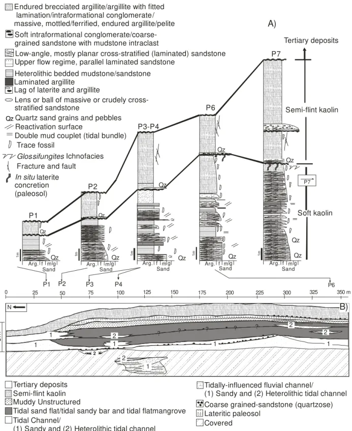 Figure 2.2: Measured lithostratigraphic profiles (A) and geologic cross-section (B) illustrating the  sedimentologic characteristics and spatial distributions of facies and facies associations present in  the soft kaolin unit of the Ipixuna Formation in th