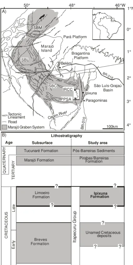 Figure 3.1 A) Location of the study area in the eastern Cametá Sub-Basin, Marajó Graben  System, with indication of the two studied quarries, the IRCC and PPSA