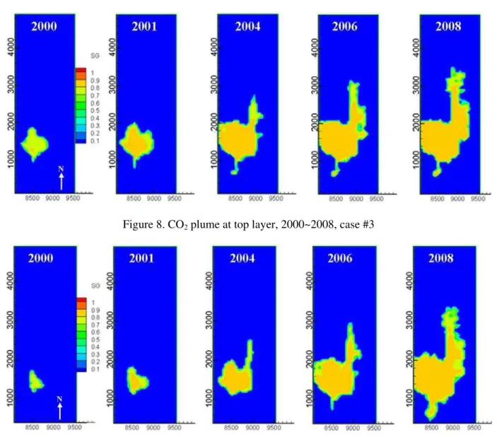 Figure 8. CO 2  plume at top layer, 2000~2008, case #3 