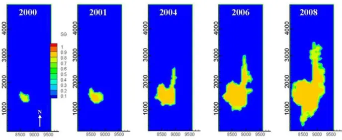 Figure 10. CO 2  plume at top layer, 2000~2008, case #5 