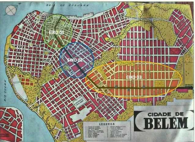 Figura 3. Mapa de Belém representando os eixos de implantação da arquitetura pública  Fonte: CHAVES (2004), apud BELÉM (&#34;Belém 350 anos&#34;), modificado pela autora