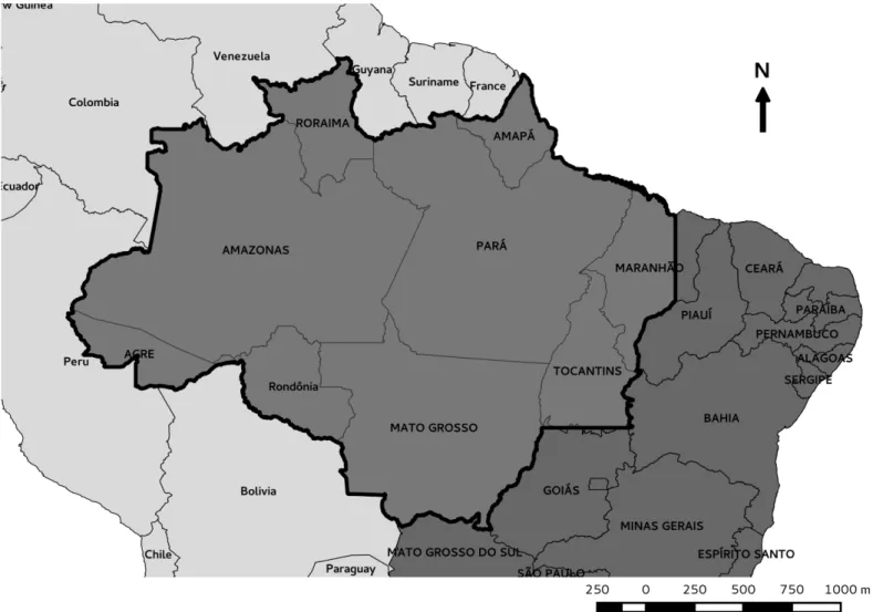 Fig 1. Brazilian Amazon. Brazilian Amazon (large boundary) with yours the state names, Brazil (dark gray) and South America with countrys names (light gray).