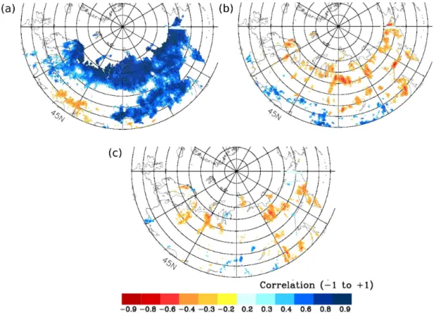 Figure 8. Spatial distribution of statistically significant (95 % significance level) partial correlation between de-trended annual GPP (GPPsat) and de-trended summer values of environmental variables (a) temperature, (b) precipitation, and (c) cloud cover