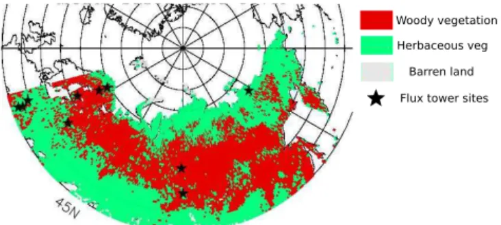 Figure 1. Simplified land cover for northern Eurasia for year 2007 overlaid with the spatial distribution of the 10 flux tower sites whose GPP (gross primary productivity) data were used to validate the GPP data derived from satellite NDVI (normalized diff