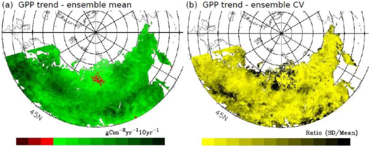 Figure 4. Change in annual GPP for GPPsat over the period 1982–2010. Panel (a) is the trend map for GPPsat, i.e