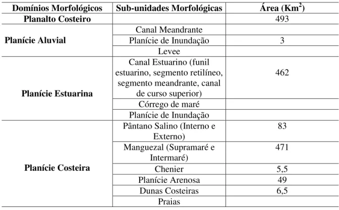 Tabela 1- Principais unidades morfológicas da área de estudo, suas sub-unidades e área de abrangência (Souza Filho, 1995).