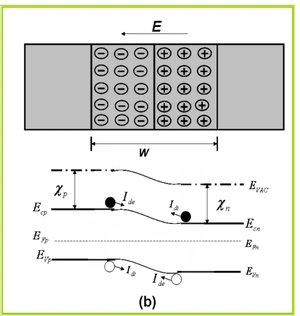 Figura 1.4: Um semicondutor tipo p e um tipo n e seus diagramas de bandas após o contato, já  em equilíbrio