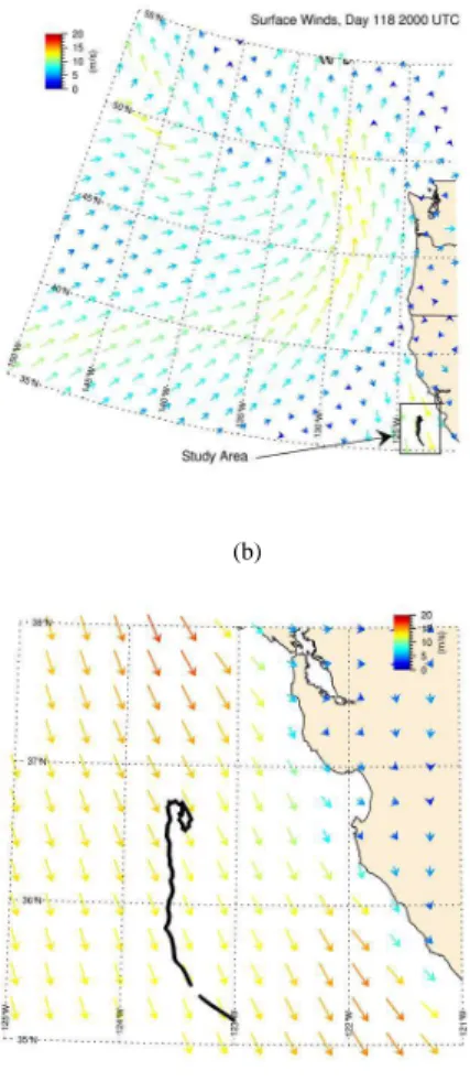 Figure 3. Snapshot of surface winds output from COAMPS on Year Day 118, 20:00 UTC. Two panels represent a wider view of the Northeastern Pacific and a zoomed in view around the FLIP track, shown with the black line.