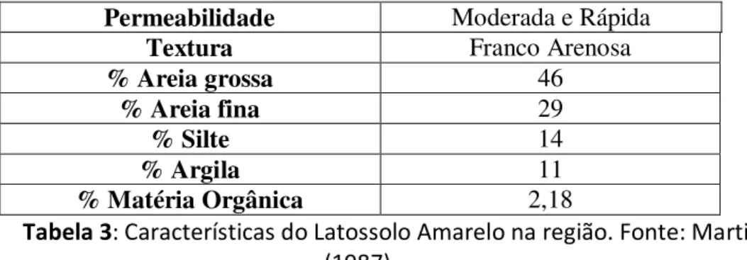 Tabela 3: Características do Latossolo Amarelo na região. Fonte: Martins  (1987). 