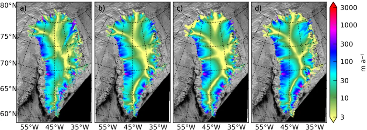 Fig. 1. Measured and modeled horizontal surface speeds. (a) SAR (Joughin et al., 2010)