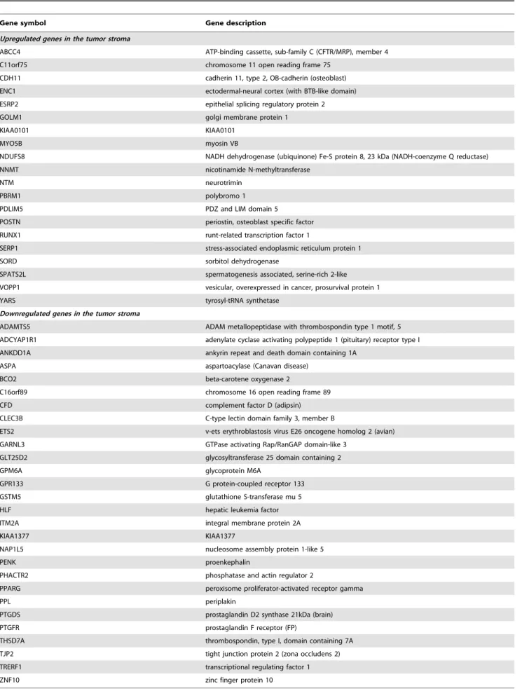 Table 3. Genes common to the stromal reaction of breast and prostate cancer patients (FDR 15%).