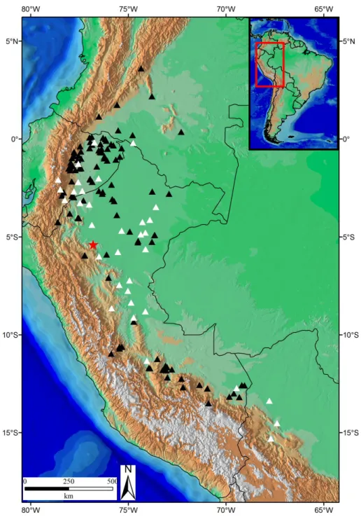 Figura  14:  Distribuição  geográfica  de  Leptodeira  approximans.  Triângulos  pretos=  material  analisado; Triângulos brancos= dados de literatura; Estrela= localidade-tipo