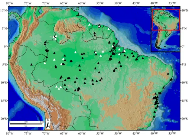 Figura  8:  Distribuição  geográfica  de  Leptodeira  annulata.  Triângulos  pretos=  material  analisado; Triângulos brancos= dados de literatura