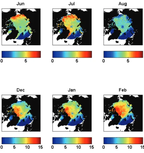 Fig. 5. The spatial pattern of inversion strength (in K) averaged over 2003–2008 for summer (top row) and winter (bottom row) months from the ascending passes
