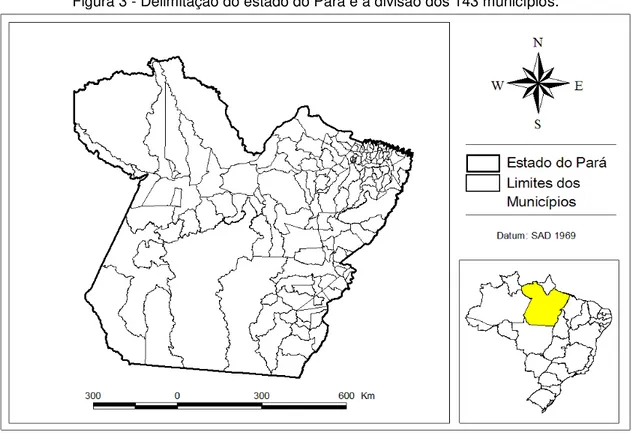 Figura 3 - Delimitação do estado do Pará e a divisão dos 143 municípios. 