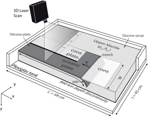 Fig. 2. Experimental setup. The subducting lithosphere is modeled by a silicone plate made of two different materials, a positively buoyant one (defined as continental lithosphere) and a negatively buoyant one (defined as oceanic lithosphere)