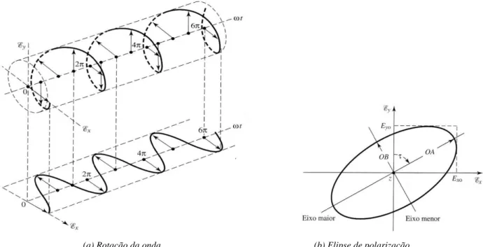 FIGURA 2.6 – Rotação de uma onda plana eletromagnética e sua elipse de polarização em z = 0 em função do tempo [9]