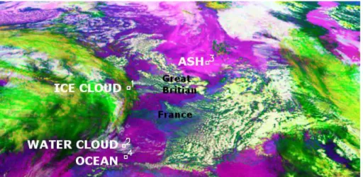 Fig. 1. SEVIRI RGB image on 17 May 2010 at 13:30 UTC over Europe and the Atlantic Ocean where the four boxes indicate the location of extracted samples for ocean, ash, ice cloud, and water cloud.