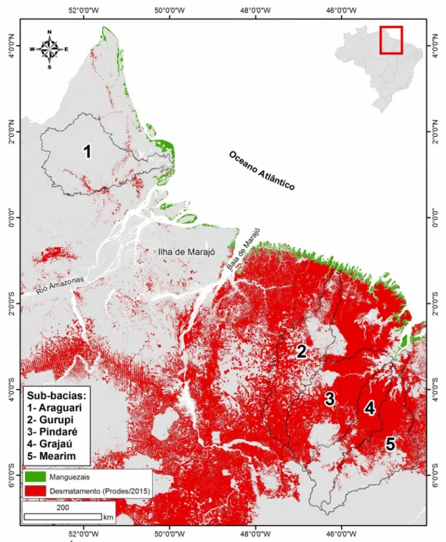 Figura 2.5: Áreas desmatadas em 2015 na zona costeira amazônica de acordo com os dados PRODES