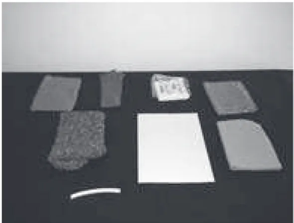 Figura 4.10 –  Materiais utilizados para teste de eletrização: lã comercial  (pano de acrílico), meia de seda (85% poliamida), papel  (toa-lha e sulfite), flanela, mangueirinha de chuveiro.