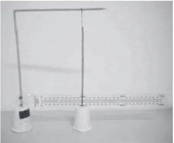 Figura 4.13 –  Instrumento para verificação de eletrização. À esquerda,  temos um palito de sustentação vertical com um segundo  palito de madeira horizontal preso a sua ponta, com os dois  palitos formando a letra Γ