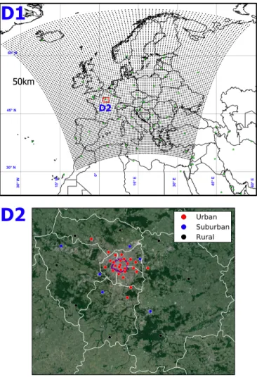 Figure 1. Overview of the coarse (D1 having 50 km resolution) and local scale (D2, illustrated by the red rectangle having 4 km  reso-lution) simulation domains
