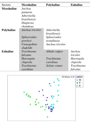 Fig. 4. Multidimensional ordination (MDS) based on  the  quantitative  similarity  of  fish  species  between  three salinity sectors (E = euhaline; P = polyhaline; 