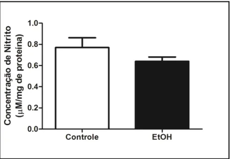 Figura 10: Efeito da intoxicação aguda com etanol (EtOH) em forma de binge sobre a concentração  de nitrito em tecido cerebelar de ratas adolescentes