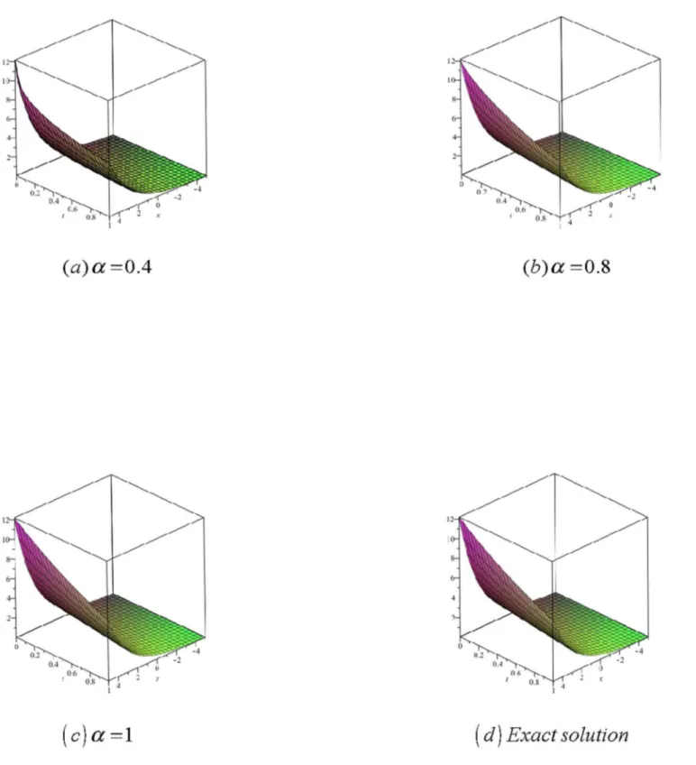 Fig. 1. Surface plot of approximate and exact solutions of (12) for different values of a, using only 3rd order of RDTM solution.