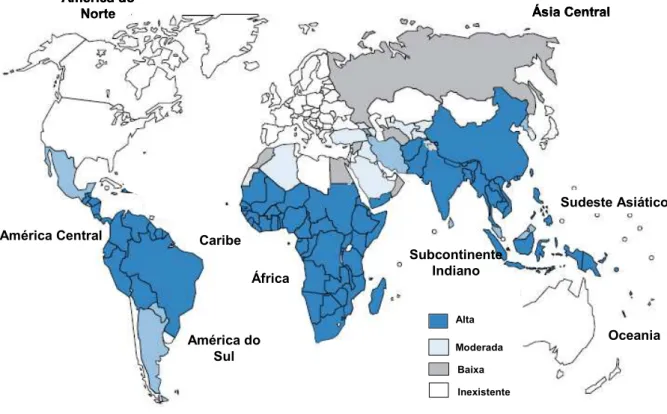 Figura 1: Mapa da prevalência e distribuição geográfica mundial dos casos  clínicos de malária