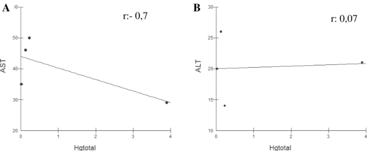 Gráfico  1-  Correlação  Linear  de  Pearson,  níveis  de  Hgtotal  e  transaminases  nos  Cebus apella expostos ao metilHg