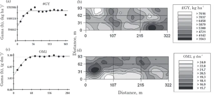 Figure 4. Cross-semivariograms, cross-validation and co-kriging maps of rice grain yield as related to organic matter content of a Typic Acrustox under no-tillage.
