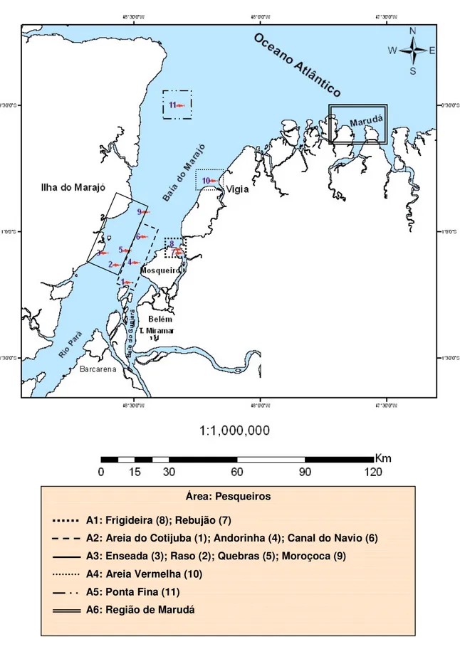 Figura 11: Localização das áreas de pesca e dos pesqueiros em que atua a frota da ilha de Mosqueiro