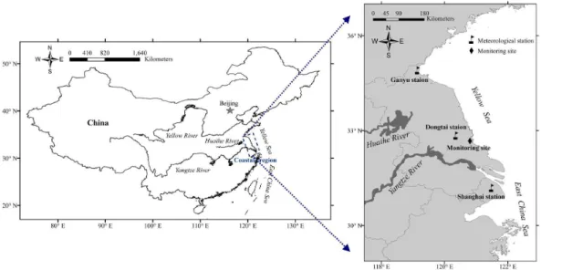 Figure 1. Map showing the locations of the studied meteorological stations and monitoring site.